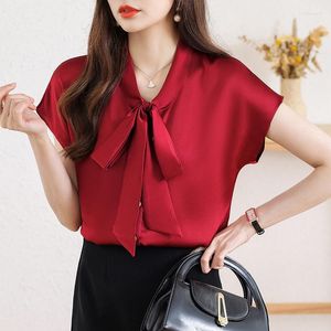 Femmes Blouses Femmes Shirs Lâche 2023 D'été Satin Premium Professionnel Sangle À Manches Courtes Chemise Top Noeud Papillon Solide Femme Vêtements