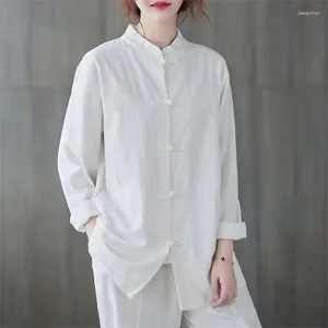 Blusas para mujeres Mujeres Vintage Codas de algodón Camisas casuales Estilo chino Color sólido Femenino Femenino Long Tops Wy1013