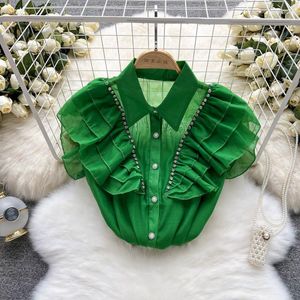 Chemisiers pour femmes Womens Green Layered Ruffles Blouse Chic Designer Sexy Polo Collar Shirts Vintage See Through Loose Tops Blusas Mujer