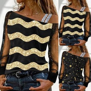 Blusas de mujer Camisetas de poliéster para mujer Camiseta de manga larga de encaje con botones estampados en negro y dorado para mujer Linda túnica informal