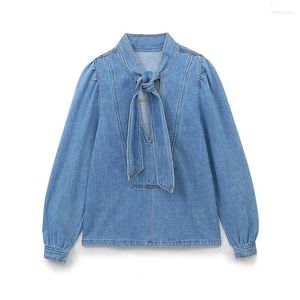 Blusas de mujer 2024 Blusa vaquera azul atada Blusas de algodón de manga larga para mujer Tops