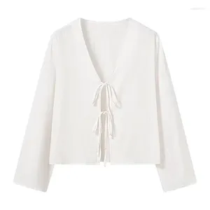 Blouses pour femmes Yenkye Lace Up White Shirt For Women Long Manche V Necl