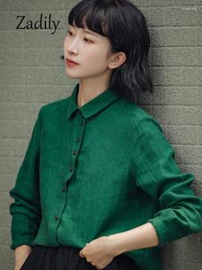 Blusas de mujer Zadily 2024 verano estilo coreano camisa verde de lino de manga larga blusa informal fina con botones para mujer ropa diaria Tops