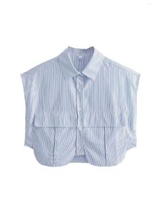 Blusas de mujer Zevity moda mujer diseño de bolsillo grande estampado a rayas blusa corta Oficina señora camisa sin mangas Chic Chemise Blusas Tops