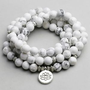 Bracelet en perles de Howlite blanches pour femmes et hommes, avec breloque de bouddha OM, de Yoga, collier Mala, bijoux en pierre goutte, 108, 240320