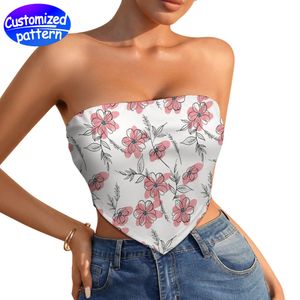 Camiseta sin tirantes personalizada para mujer, chaleco sin tirantes, patrón de transferencia de calor de alta definición, ropa de verano a la moda con figura resaltada sin espalda, imitación de algodón, 123g, blanco