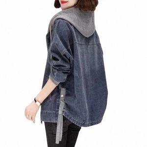 Chaqueta de mezclilla para mujer 2023 Nueva primavera Otoño Fi Coreano LG Manga Jeans Abrigo Casual con capucha Uniforme de béisbol Top Ropa O5Ju #