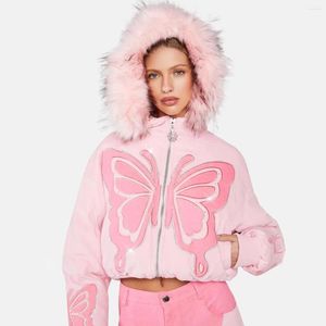 Parka con estampado de mariposas y diamantes de imitación para mujer, abrigo de invierno, ropa informal rosa de piel con capucha, chaqueta acolchada corta, bombardero, tela bonita