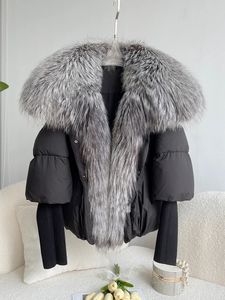 Women's Down Parkas Janveny Large Real Silver Fox Fur Collar White Duck Down Jacket Women Winter Luxury Puffer Coat Oversize Feather Outwear 231212