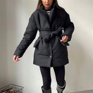 Mujer Down Parkas Malina Casual Muesca Moda Cinturón Cinturón Sólido Abrigos Negros Elegantes Chaquetas de algodón de un solo pecho Mujer Damas 220905