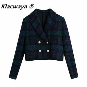 Blazers mode femme vert foncé treillis Plaid Tweed cranté double boutonnage ajusté décontracté Chic manteaux courts 210521