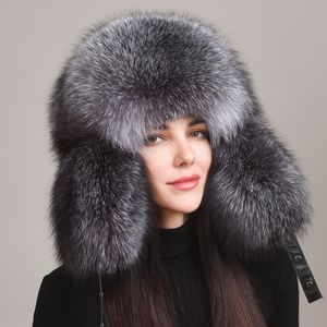 Chapeau de fourrure de renard véritable entièrement couvert pour femmes, chapeau de chasseur de trappeur russe Ushanka, casquette de Ski en plein air