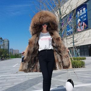 Abrigo de piel de mujer 2022 moda invierno mujer Parkas cuello de mapache grande con capucha desmontable Rex forro mangas extraíbles