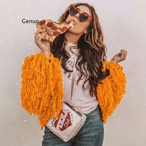 Piel de mujer Chic Otoño Hilo grueso Tejido de lana Borlas huecas Ganchillo Fuzzy Cardigan Suéter con flecos Abrigo Chaqueta con gancho Jerséis Ol Tops