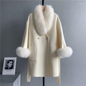 Fourrure pour femmes DT47 2023 prix de gros veste en laine véritable avec col détachable femmes longs manteaux d'hiver