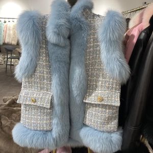 Gilet en laine Tweed pour femme, en fourrure, Style anglais, Slim, de luxe, véritable, collection automne-hiver 2023, ZO19