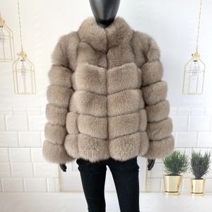 Abrigo de piel sintética para mujer, chaqueta Natural cálida y elegante de 60cm, chaleco con cuello levantado, manga larga, venta al por mayor de cuero 231128