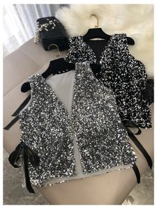 Femmes Fourrure Fausse Mode Industrie Lourde Mousseux Paillettes Gilet Lâche Dentelle Courte Cent Chemises Assorties Petit Cardigan Hauts 231219