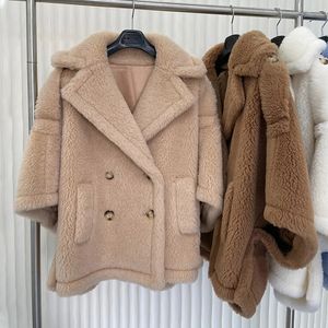 Fourrure femme Fausse fourrure RosEvans femmes ours en peluche Cape courte femmes épais mode fourrure de chameau Teddy Silhouette revers laine manteau coupe ample automne hiver 231206