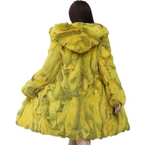 Manteau en fausse fourrure à capuche pour femmes Couleurs mélangées Veste d'hiver pour femmes en lapin naturel avec capuche