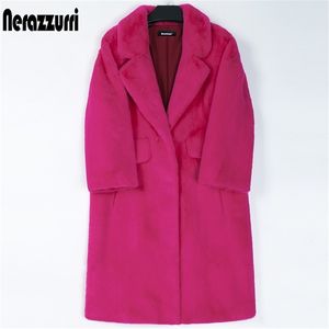 Women's Fur Faux Nerazzurri Winter Long Pink Coat Women Lapel Warm Thick Black Soft Fluffy Jacket Loose Stylish Korean Fashion 220919