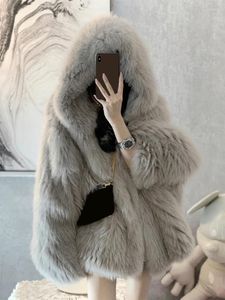 Women's Fur Gray Coat Women 2023 Winter Hooded Faux Artifical Furry Coats And Jackets White Fluffy Jacket Manteau Femme