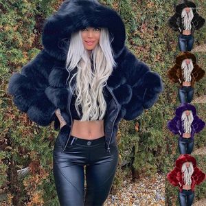 Abrigo de piel sintética de lujo para mujer, Chaqueta corta de invierno con capucha grande, abrigo grueso y cálido con cremallera, abrigos falsos a la moda