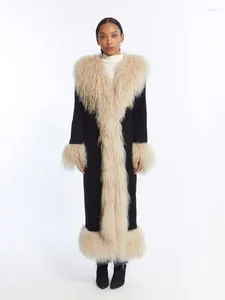 Abrigos de piel sintética RR2813 con adornos mongoles para mujer, chaquetas Maxi de ante con forro totalmente de algodón para invierno, cierre de gancho largo X cálido