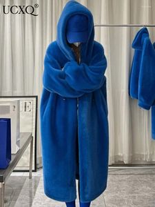 UCXQ-abrigo de piel sintética para mujer, chaqueta con capucha, larga de talla grande, cálida, gruesa, azul, esponjoso, otoño 2023, 23A2398