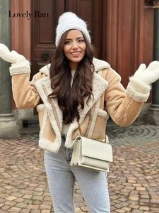 Chaqueta corta de lana de cordero de invierno para mujer, abrigo cálido y grueso de doble cara, ropa de abrigo Retro de manga larga con bolsillo elegante para mujer de calle alta