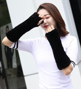 Guantes de piel auténtica de visón para mujer, guantes largos de invierno sin dedos, cálidos, elásticos
