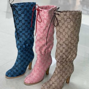 Medias botas de mujer, zapatos originales de diseñador, tacón alto, cuero Real, Beige, rosa, estampado, bota de lona, cordones con cremallera, zapato informal US 11,3 NO335