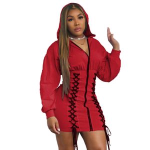 Sweats à capuche pour femmes robes couleur unie pull mode décontracté grand bandage décoratif à manches longues fermeture éclair robe moulante Clubwear S-XXL