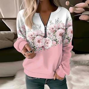 Sweat-shirt à imprimé floral pour femmes Cou Neck pour les femmes élégantes zipper de détail Pullover avec manchette élastique douce et confortable automne