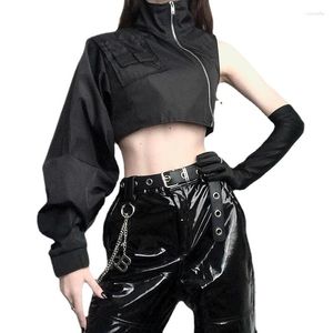 Sudaderas con capucha góticas con cremallera para mujer Tops cortos para mujer Cuello alto punk negro Cremallera de un hombro Cool Girl Hip Hop Trajes cortos Outwear Otoño