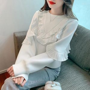 Sweats à capuche pour femmes Style coréen Sweat-shirt blanc Femmes Y2K Harajuku Volants Manches longues Lâche 2023 Automne Pull Mignon Tops courts