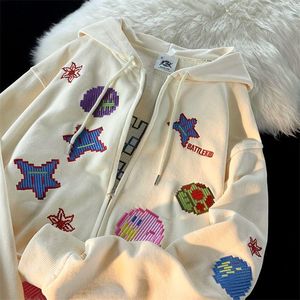 Sweats à capuche pour femmes surdimensionné rétro Streetwear Pixel motif impression sweat femmes Zip Up Punk à capuche vestes broderie Y2k vêtements