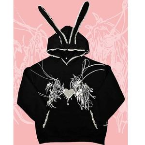 Sweats à capuche féminin Sweatshirts en dentelle Erectes de lapin Y2K Harajuku Sweetwear Streetwear Black Counaises Sweats Swetshirts Punk Long Sleeve For Women 240413
