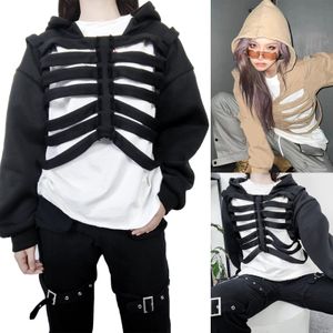 Sudadera con capucha femenina Y2K Goth Corteut sudadera con cremallera Grunge Punk Punk Harajuku Unisex Skeleton Hollow