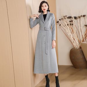 Chaqueta de mujer gris abrigo largo de lana primavera otoño moda cuello vuelto de un solo pecho elegante abrigo de mezcla de lana delgada mujer 230223