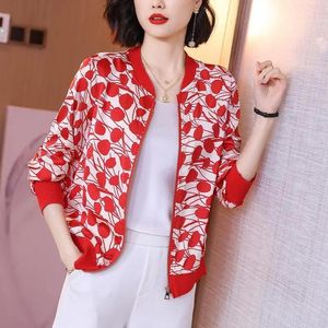 Chaquetas de mujer 2022 Moda Coreana Verano Gasa Impresión Chaqueta Mujeres Manga larga Mujer Bomber Thin Red Sunscreen Coat Outwear Ropa