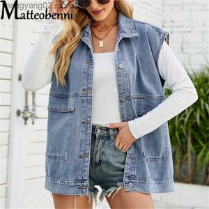 Vestes pour femmes 2022 été nouveau gilet en jean sans manches femmes gilet mode décontracté longue Jean veste poche trous lâche rue manteau Gilet T230724