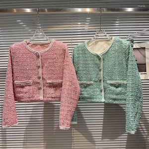 Chaquetas de mujer 2023 Otoño Diamantes fragantes Seda brillante Tweed Temperamento Celebridad Abrigo corto Verde Rosa Y2K Streetwear Outwear