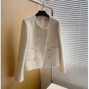 Chaquetas de mujer Otoño Invierno Tweed Chaqueta corta abrigo mujer elegante francés dorado doble botonadura traje de lana prendas de vestir para 230726