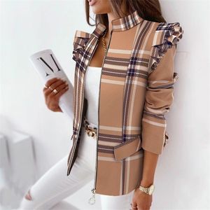 Chaquetas de mujer Chaqueta a cuadros informal Mujer Primavera Otoño Manga larga Volantes Caqui Rosa Cremalleras Mujer Abrigos Moda Oficina Señora Abrigo 220902