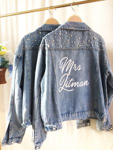 Vestes pour femmes Custom Pearl Denim Jacket Custom Mme Bride Jean Veste De Mariage Demoiselle D'honneur Vêtements Blanc Noir Bleu Manteaux Cadeau De Mariée Faveur 230727