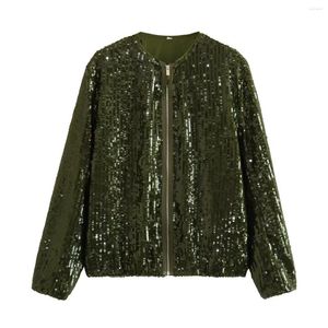 Jackets para mujeres Dark Green Sequin Jacket Women Fashion Chic Fashion Bomber Bomber High Street Coat Femenino 2023
