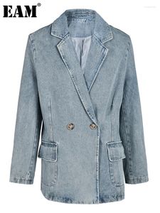 Vestes Femmes EAM Blue Denim Big Taille Vintage Veste Loose Fit Revers à manches longues Femmes Manteau Fashion Tide Spring Automne 2024 25X01667