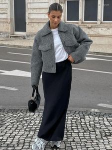 Chaquetas de mujer Elegante chaqueta de bolsillo de lana Mujeres sueltas Sólido Manga larga Grueso Gris Abrigo Mujer 2023 Casual Chic Office Lady Outerwear