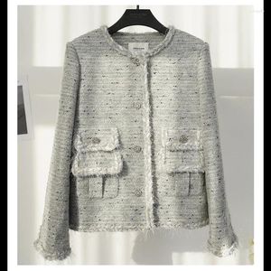 Chaquetas de mujer Abrigo de lana de fragancia pequeña francesa Mujer de alta calidad Gris Manga larga O Cuello Casual Chic Moda Moda con flecos Mujeres Tweed